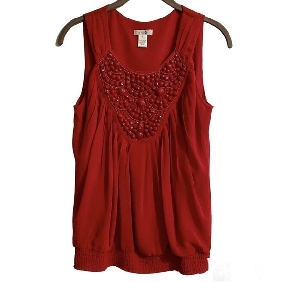 CACHE Blouse Red Sleeveless Pleated Smocked Hem Scoop Neck Rhinestone Sm… - Picture 1 of 8